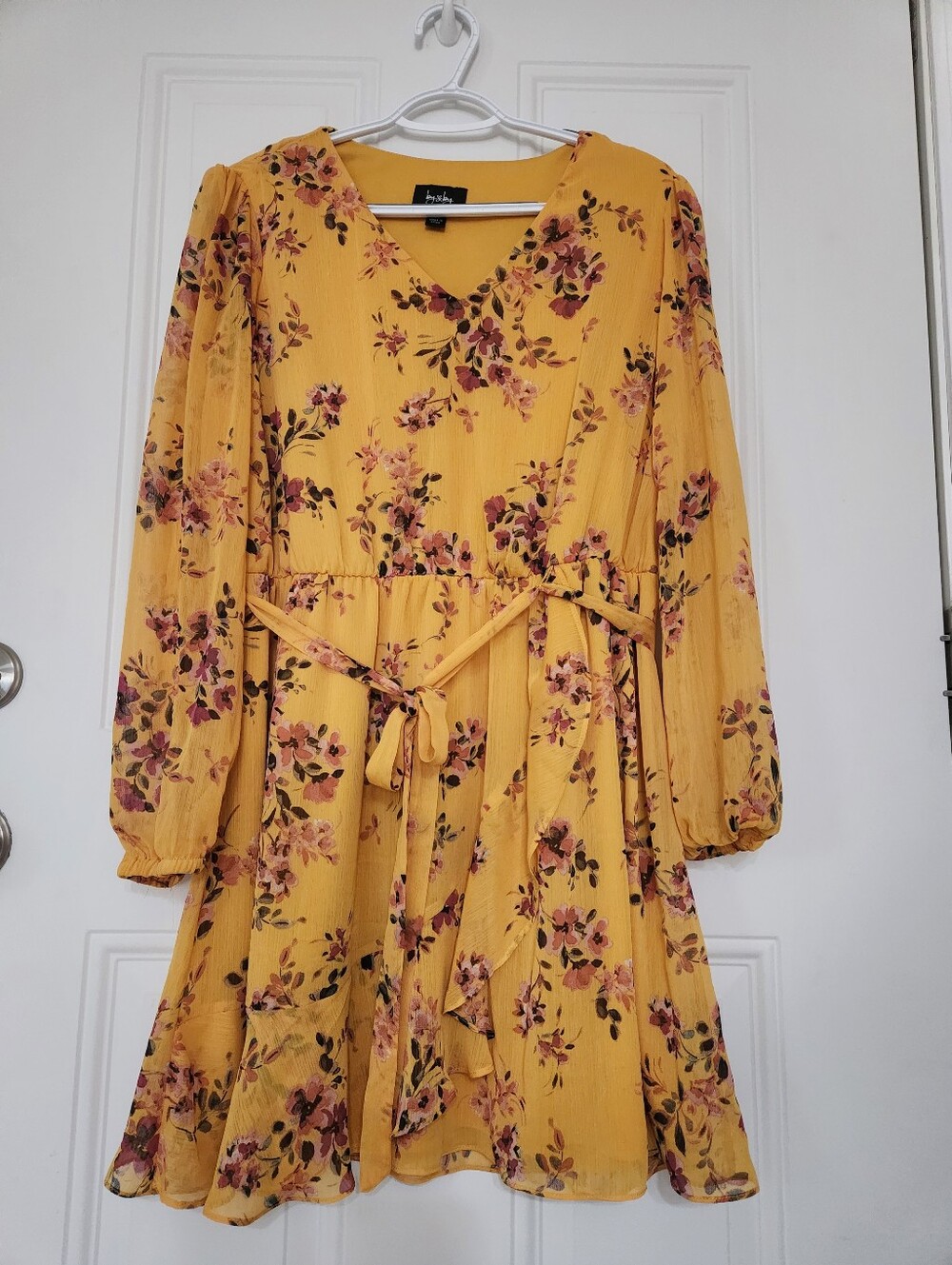 No Boundaries Yellow Floral Tie-Waist Mini Dress